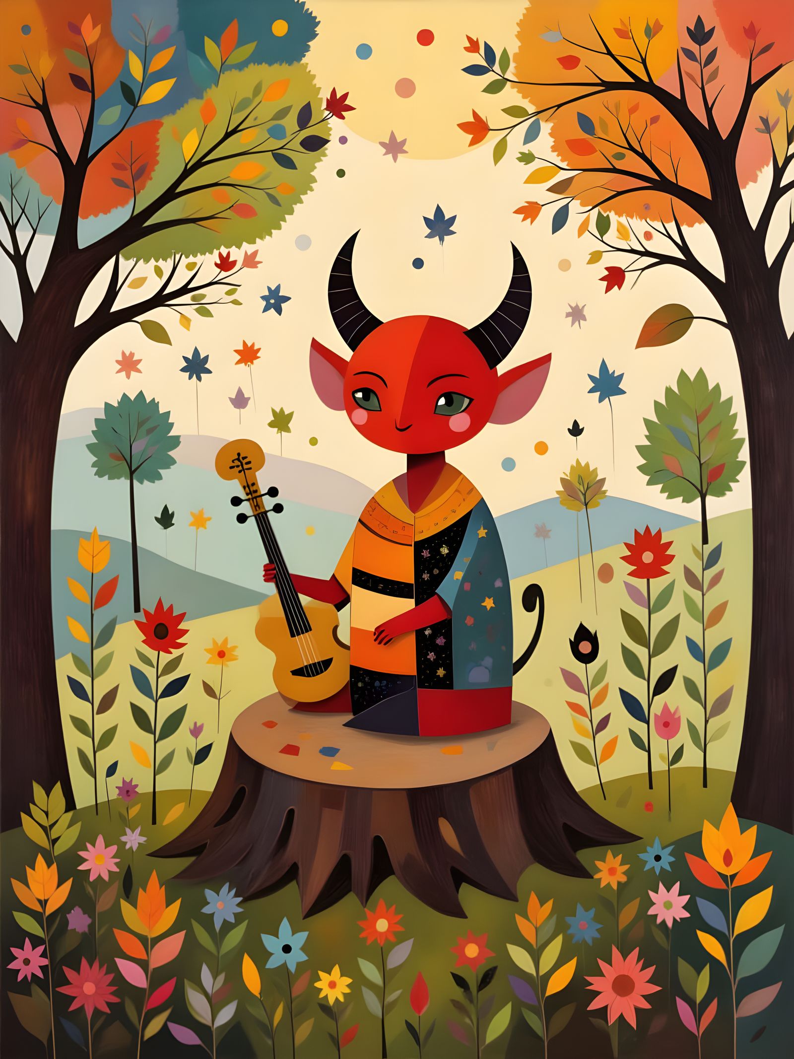 Cute Devil Playing Fiddle on Tree Stump