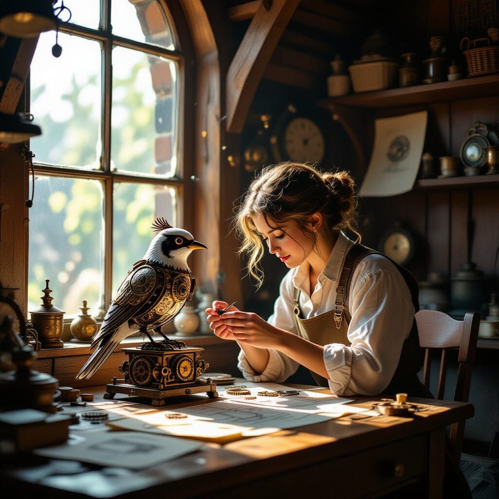 Clockwork Bird Repair in Cozy Workshop