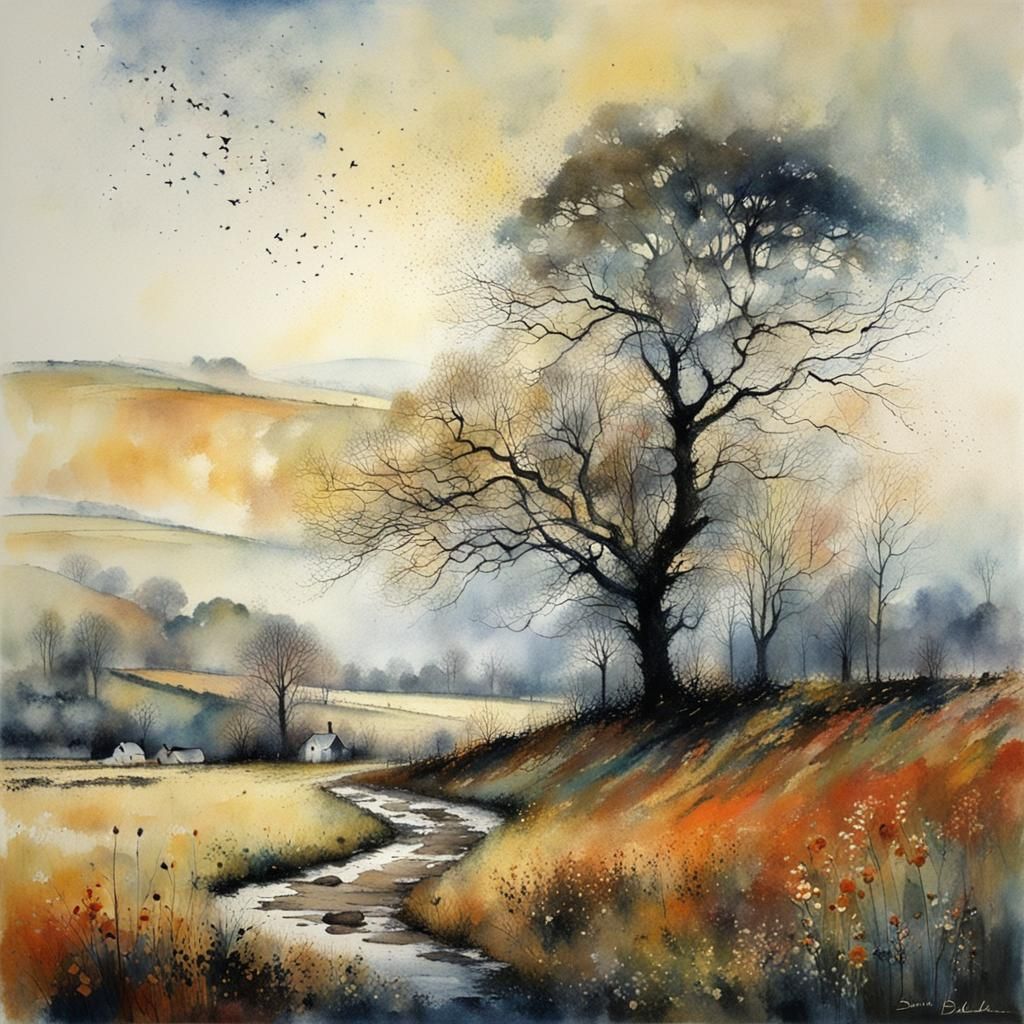 Watercolor Landscape with Surreal Elements
