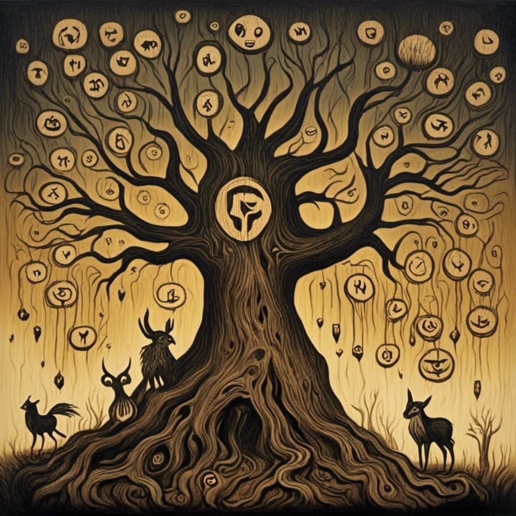 Ancient Petrified Tree with Glowing Pyrography Runes