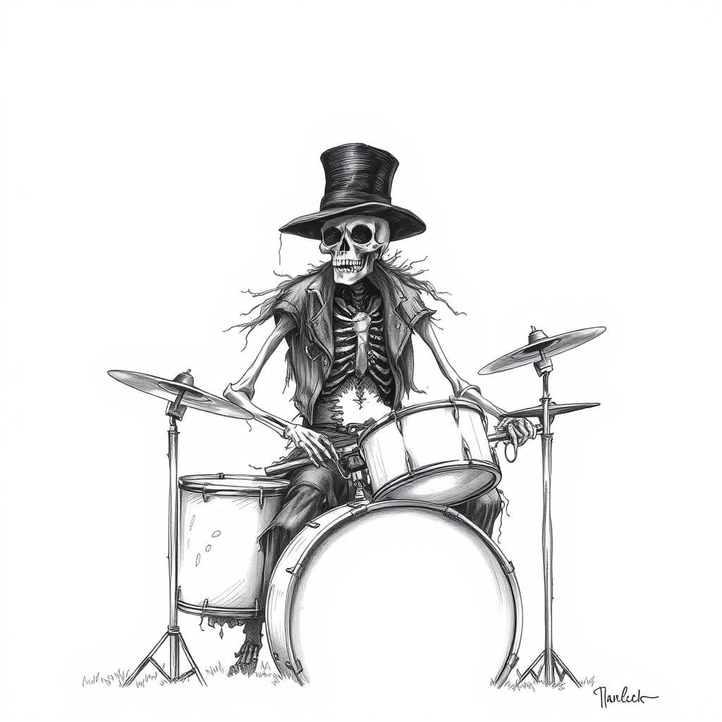 Skeleton Drummer in Dark Pencil Illustration Style