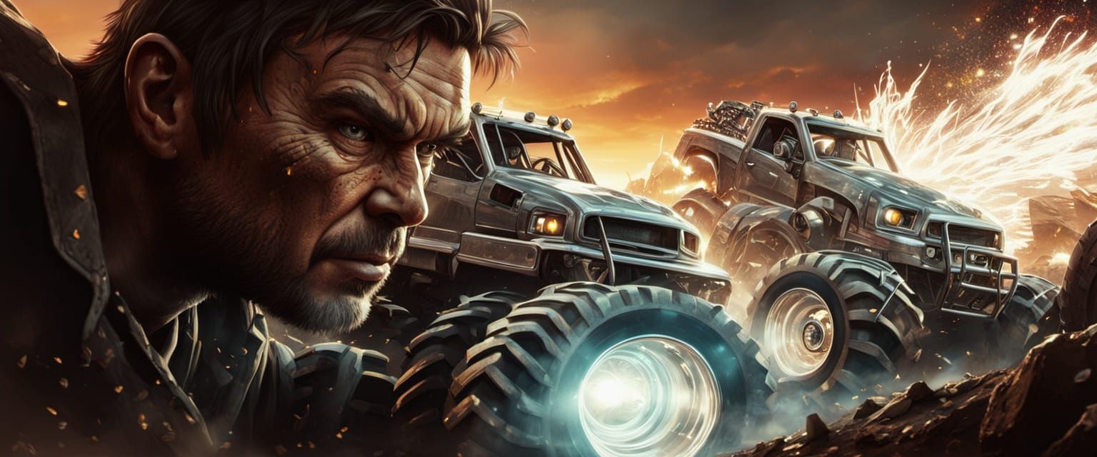 Monster Trucks Moving Giant Diamonds: Vibrant Digital Art