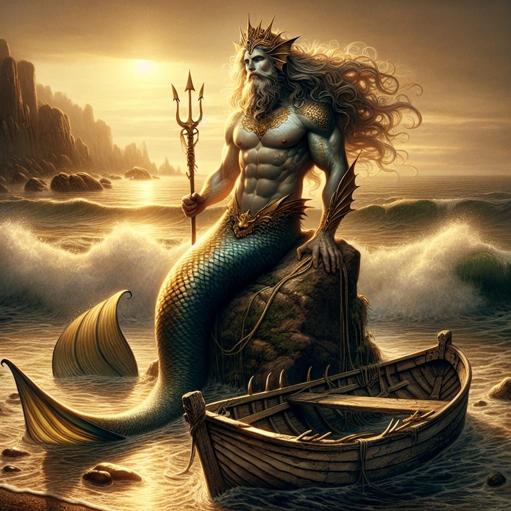 Majestic Merman with Golden Tail at Sunset