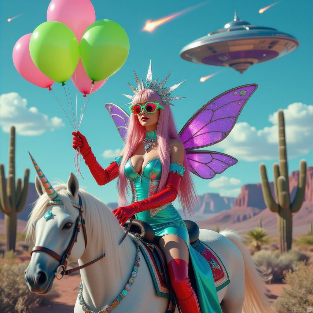 Cyberpunk Woman Rides Unicorn in Arizona Desert