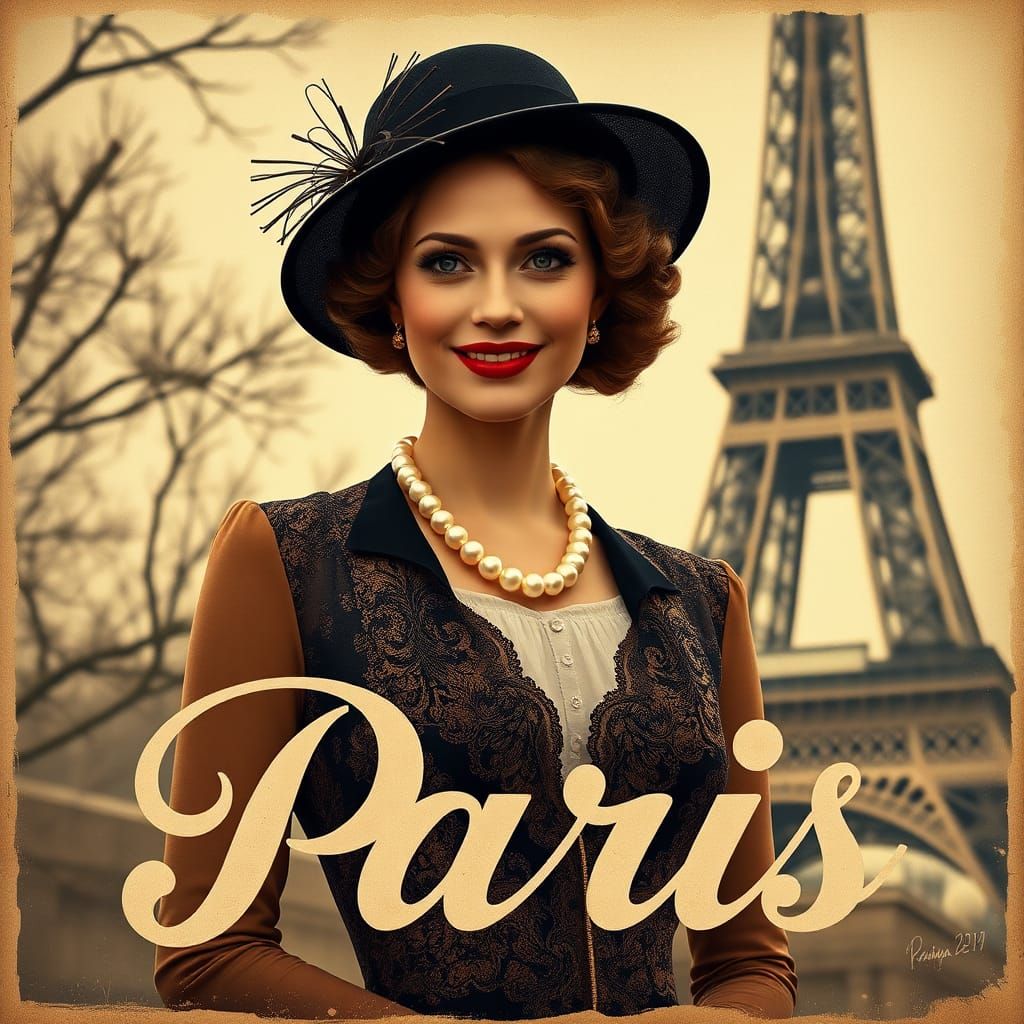Retro Paris Ad: Woman at Eiffel Tower in Art Deco Style