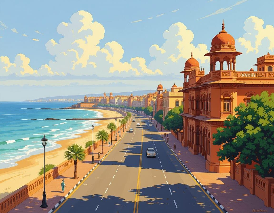 Historic Coastal City in Retro Sci-Fi Style