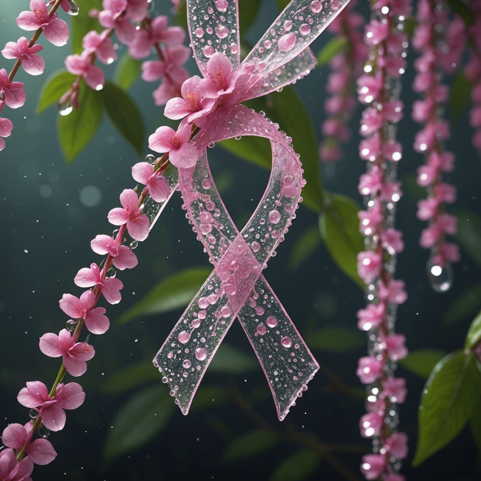 Dew-Kissed Pink Ribbon on Glass Jasmine Flowers