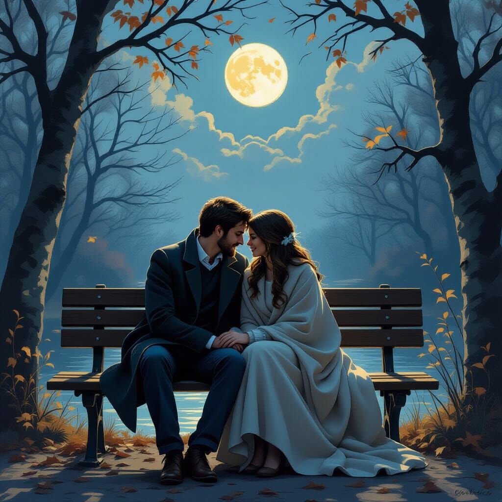 Moonlit Orchard: Intimate Moment in Romantic Style