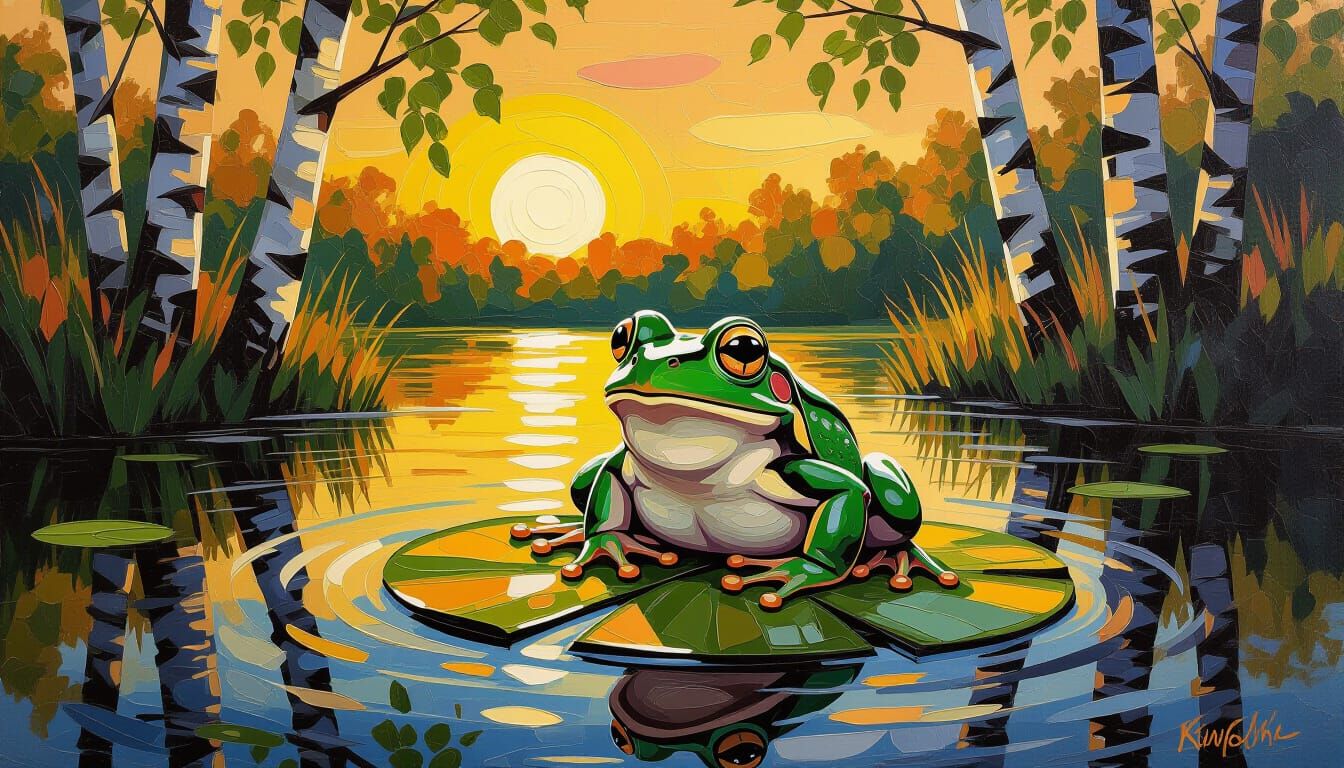 Adorable Frog on Lilypad in Impasto Painting