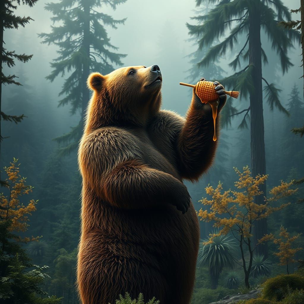 Brown Bear Savoring Honey in a Misty Forest