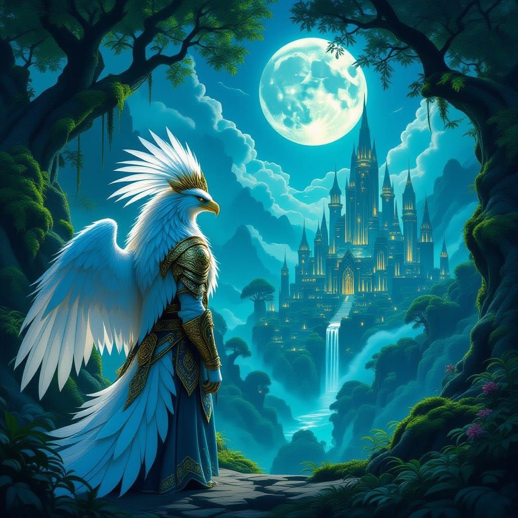 Majestic Griffin Guards Hidden Elven City in Bioluminescent ...