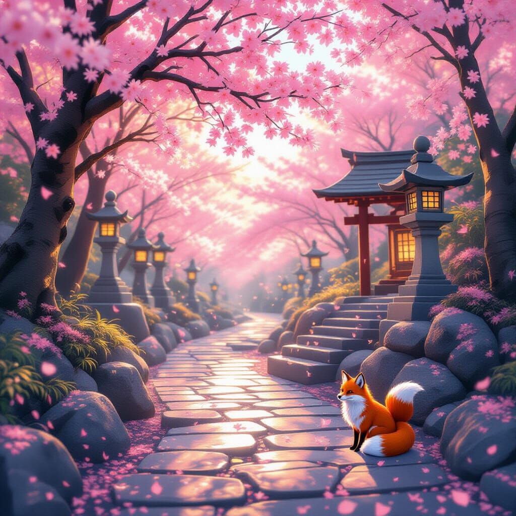 Dreamy Sakura Forest Shrine at Golden Hour