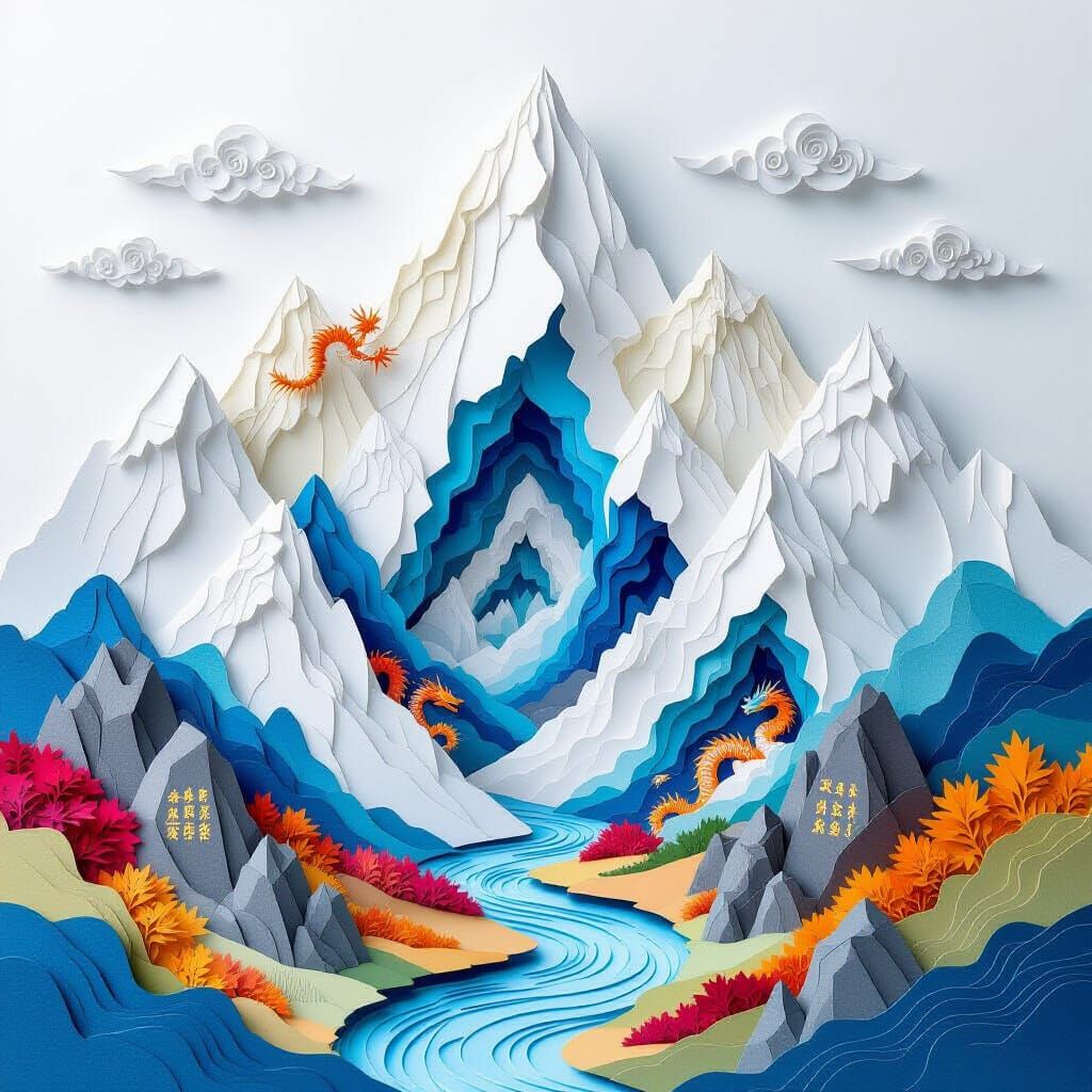 Mythical Paper Mountain Range with Dragons in Kirigami Style