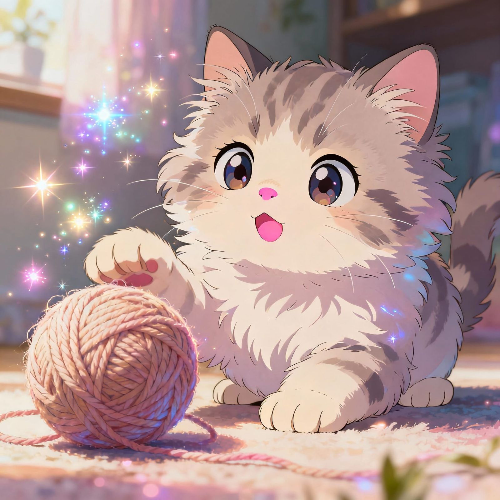 Adorable Kitten Plays with Yarn in Anime Style