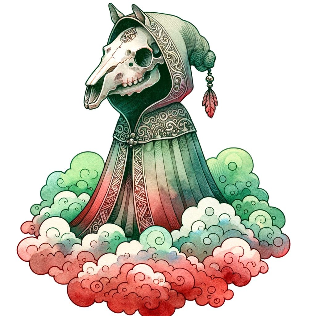 Whimsical Chibi Mari Lwyd in Watercolor Style