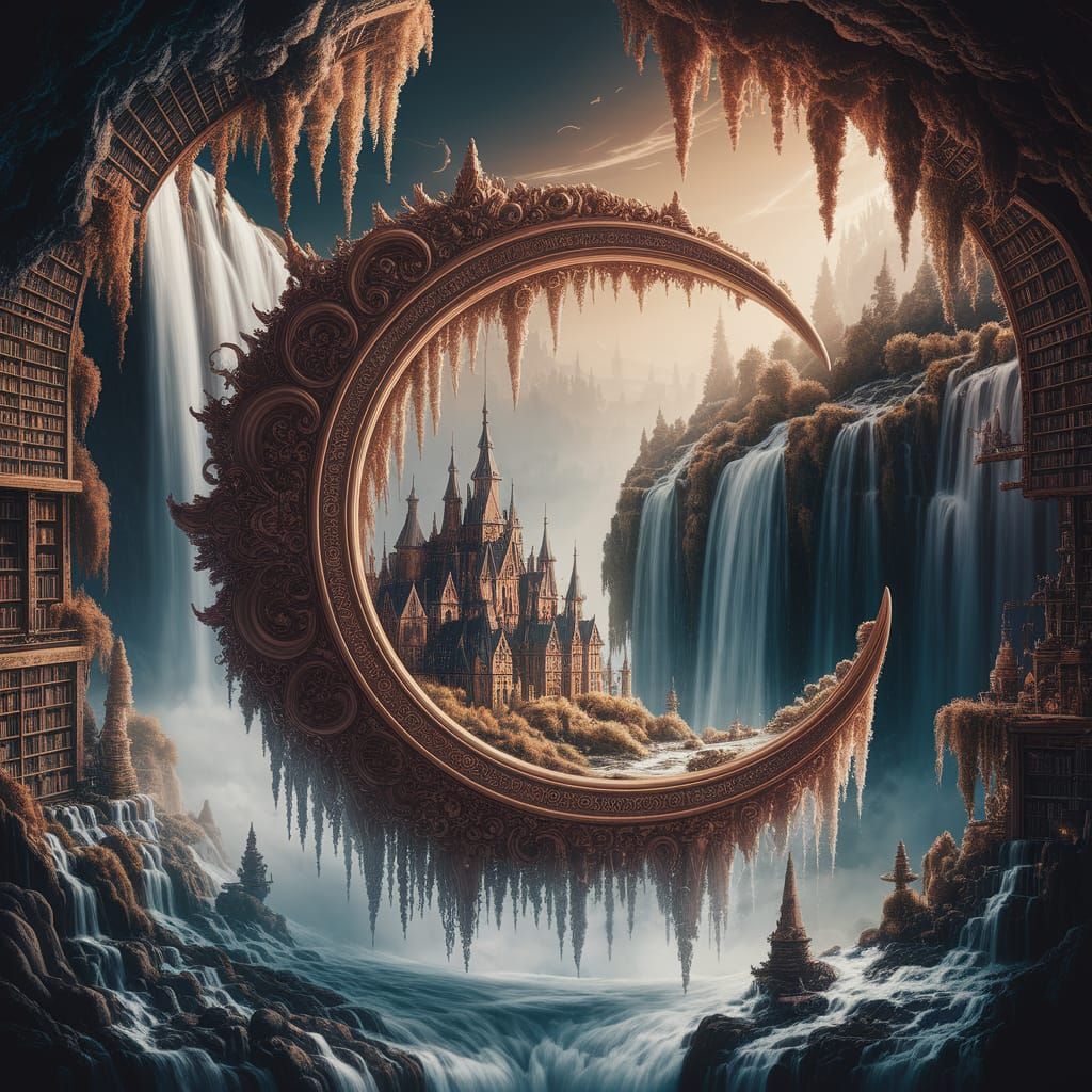 Magical Library Inside Ornate Crescent Moon