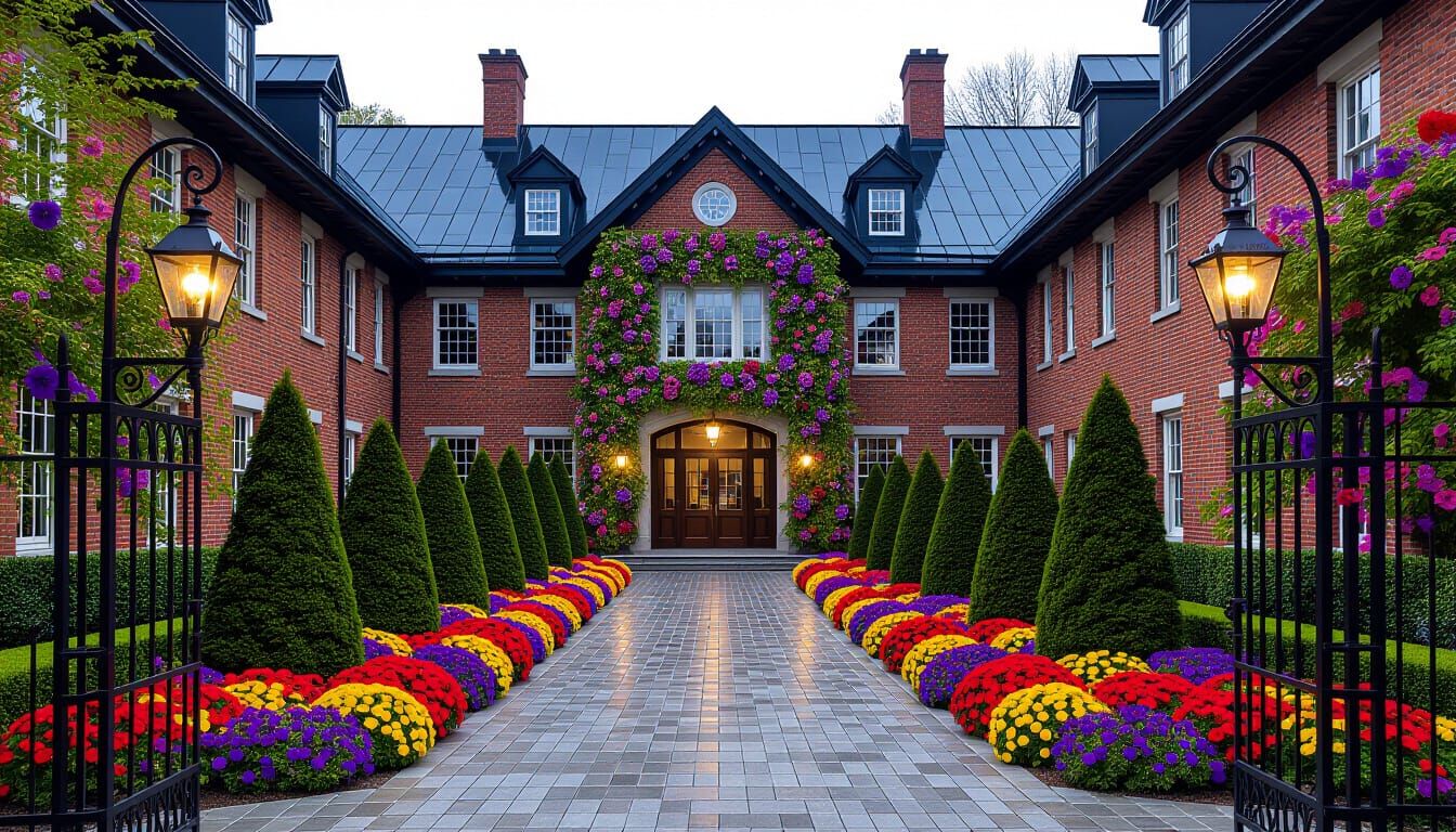 Mysterious "B" Shaped School with Glowing Trees