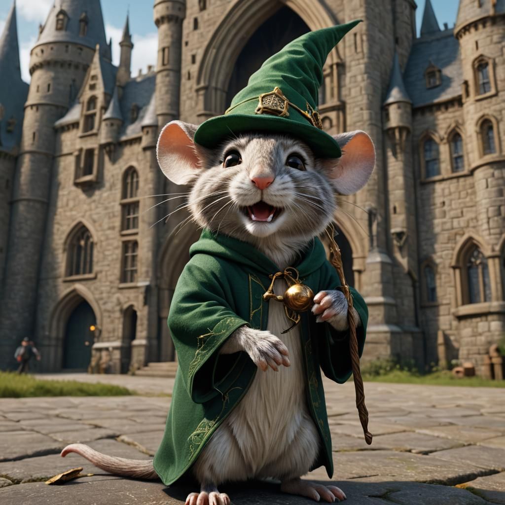 Alarmed Wizard Mouse at Hogwarts: Hyper-Realistic Fine Art