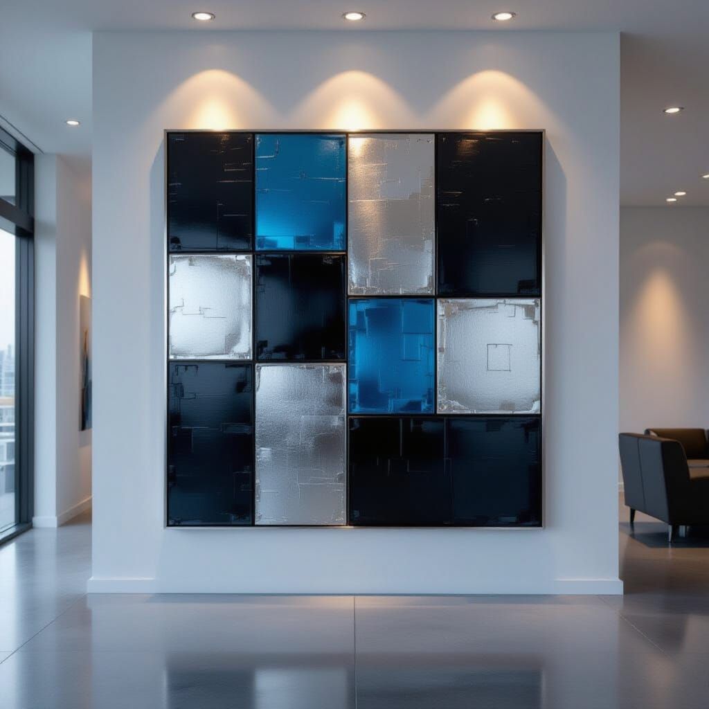 Abstract Pewter Blue Black Squares In Modern Room