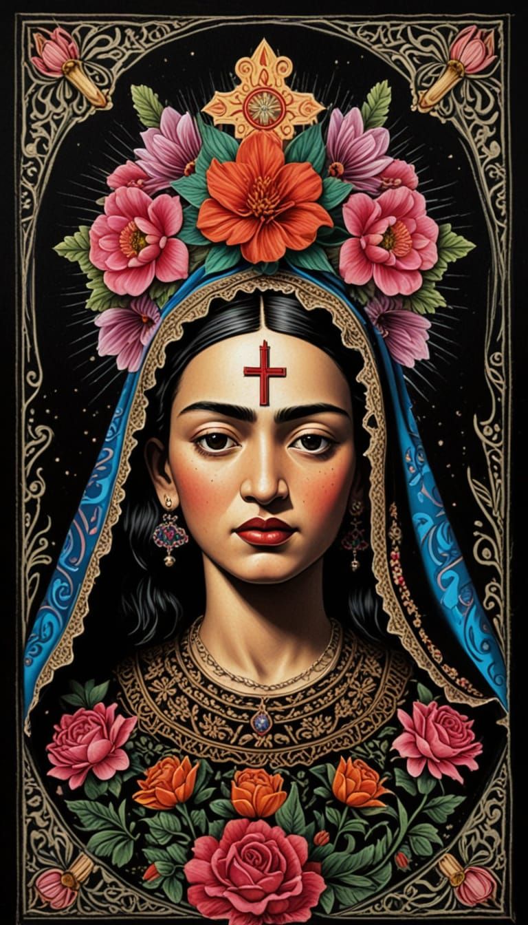 Primitive Virgin Mary in Vibrant Scratchboard Style