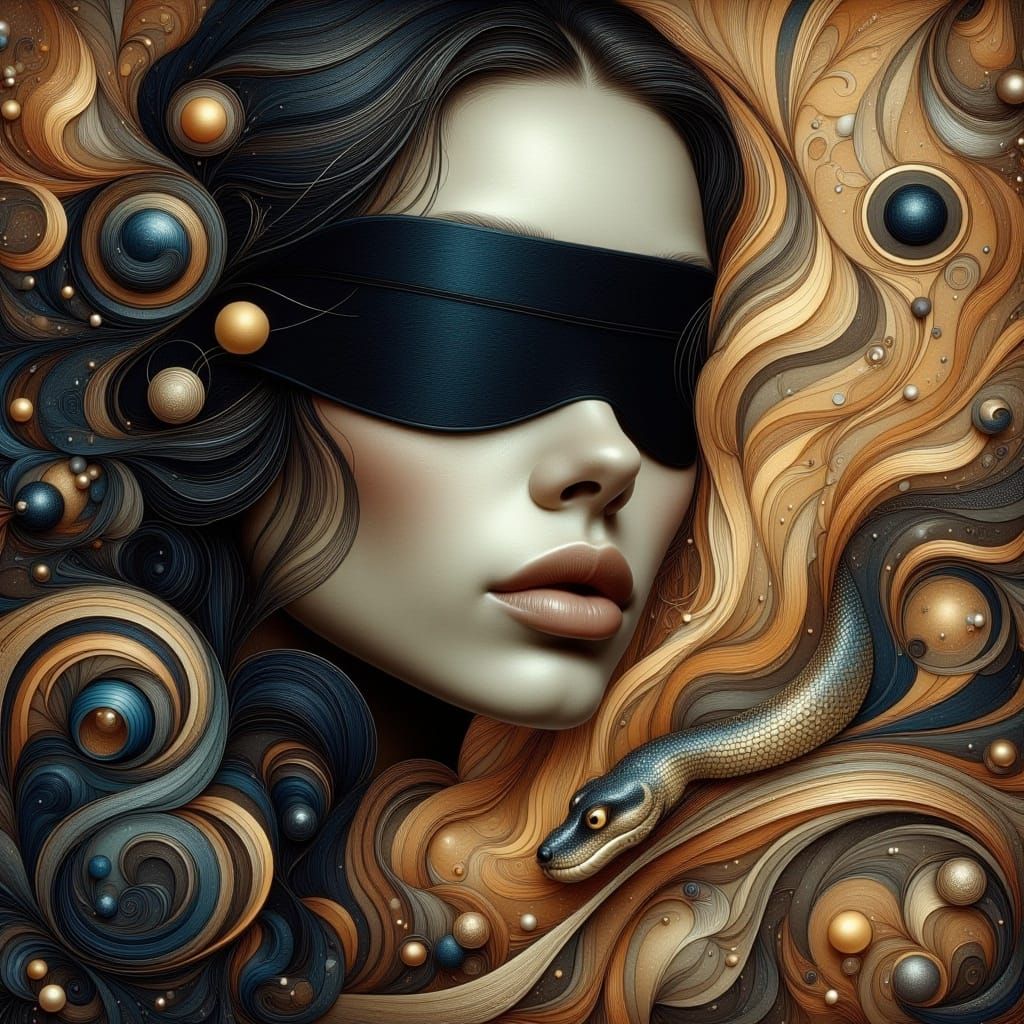 Blindfolded Woman with Snake: Whimsical Fencer Style