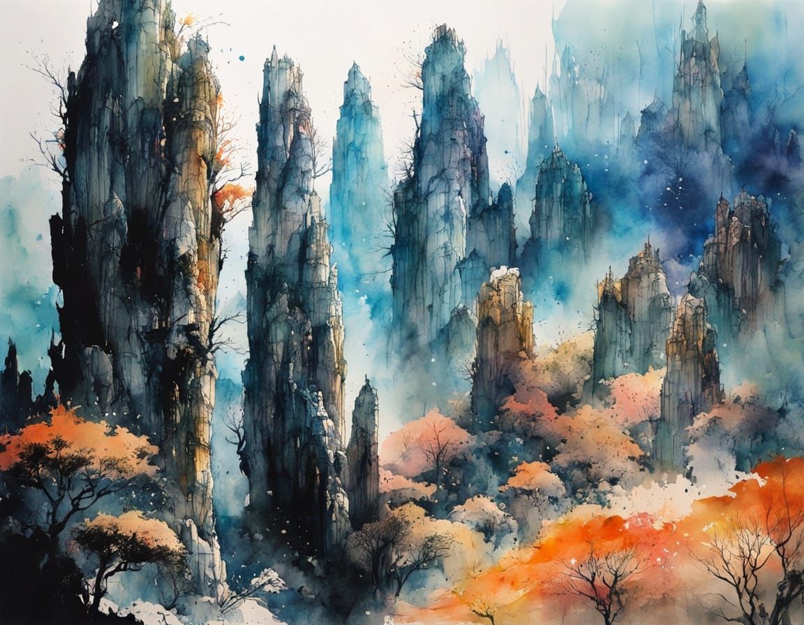 Enchanting Watercolor Landscape in Luminous Peach Hues