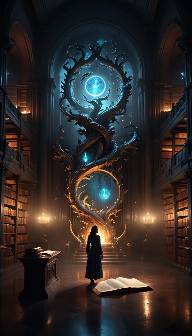 Librarian and Cosmic Portal in Gothic Library