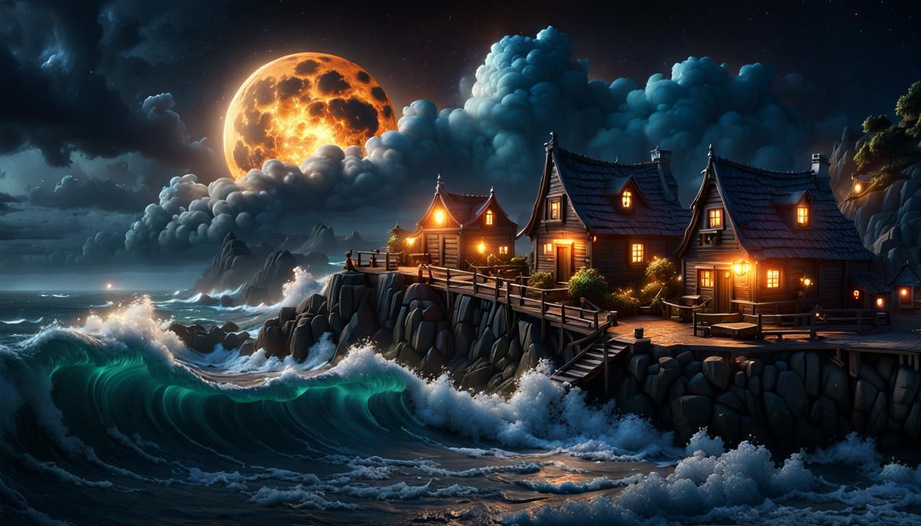 Stormy Ocean Village at Night: Dark Fantasy Art