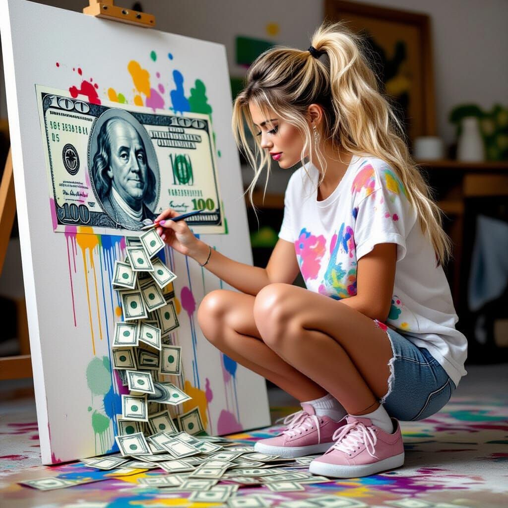 Woman Painting Money That Pours Outwards