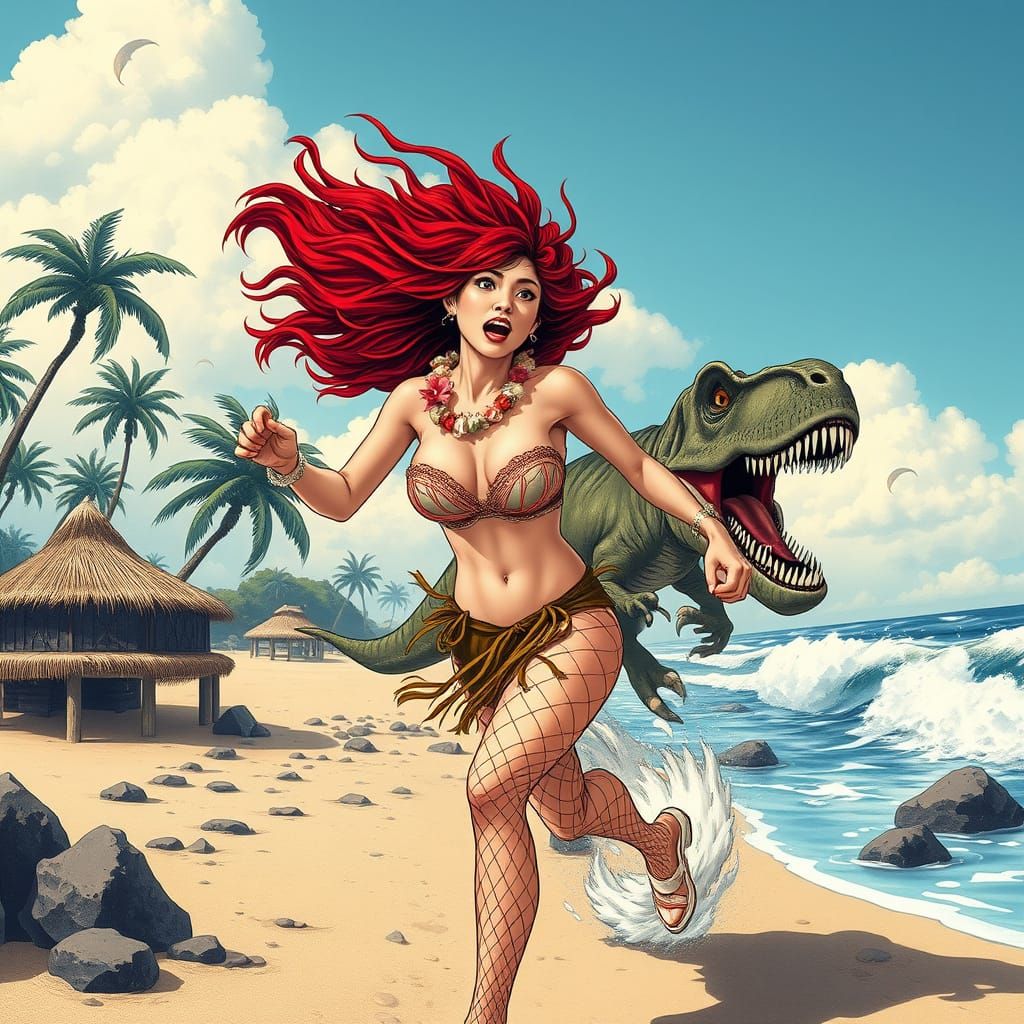 T Rex Attacks Woman in Ukiyo-e Woodblock Print Style