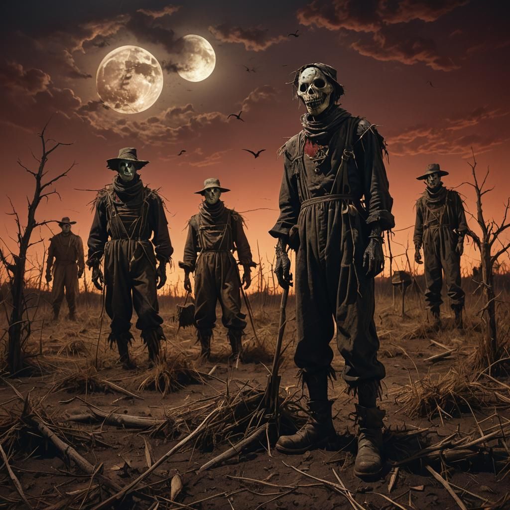 Ominous Scarecrows in Dark Fantasy Landscape