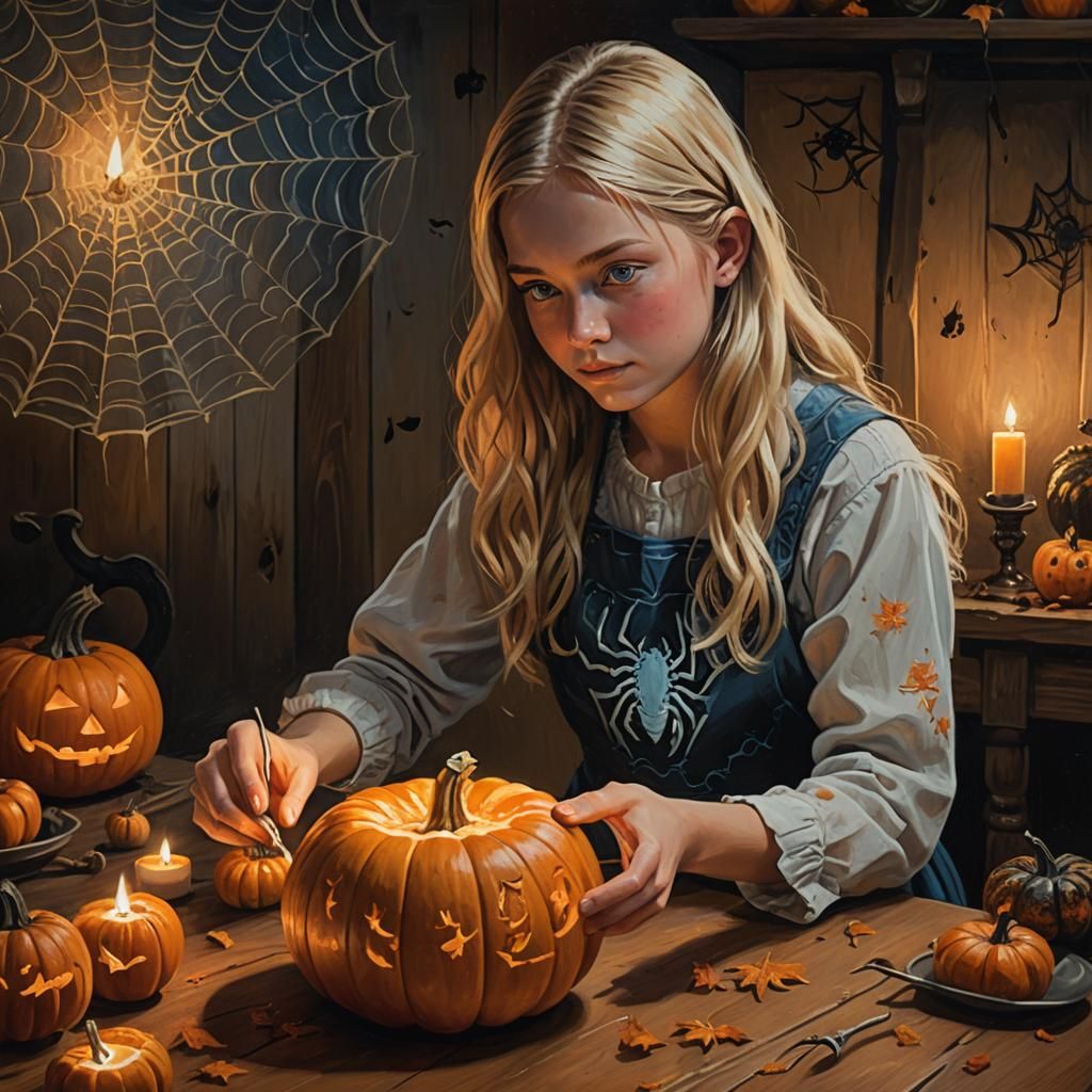 Girl Carving Jack-o'-Lantern in Oil Painting Style