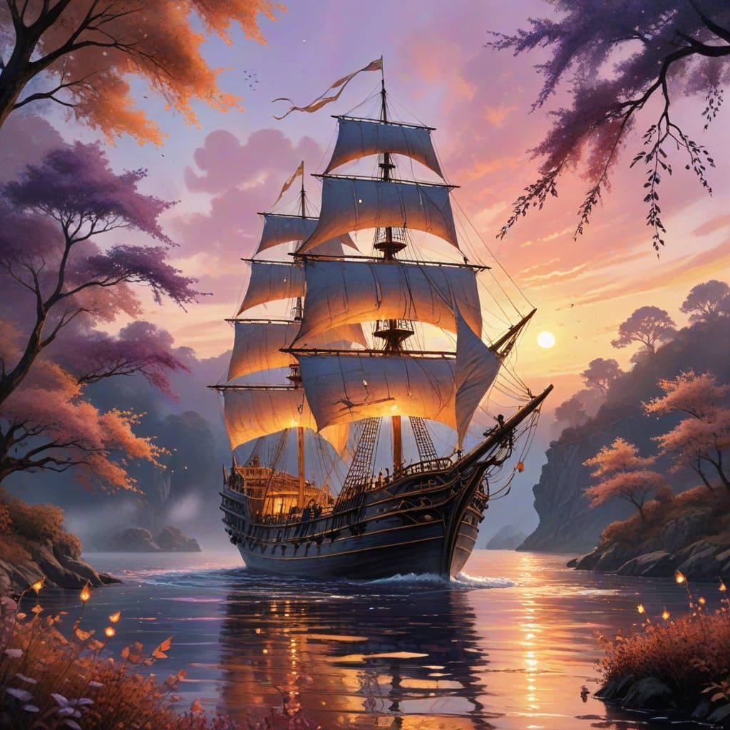 Majestic Ship Navigates Dreamlike Sea of Leaves