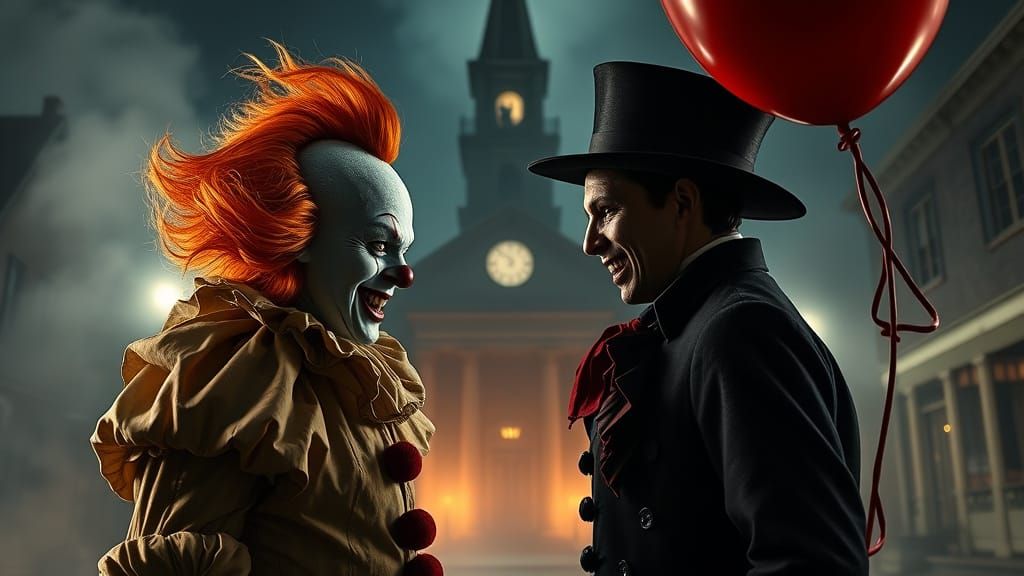 Sinister Clown Confrontation in Haunting Victorian Setting