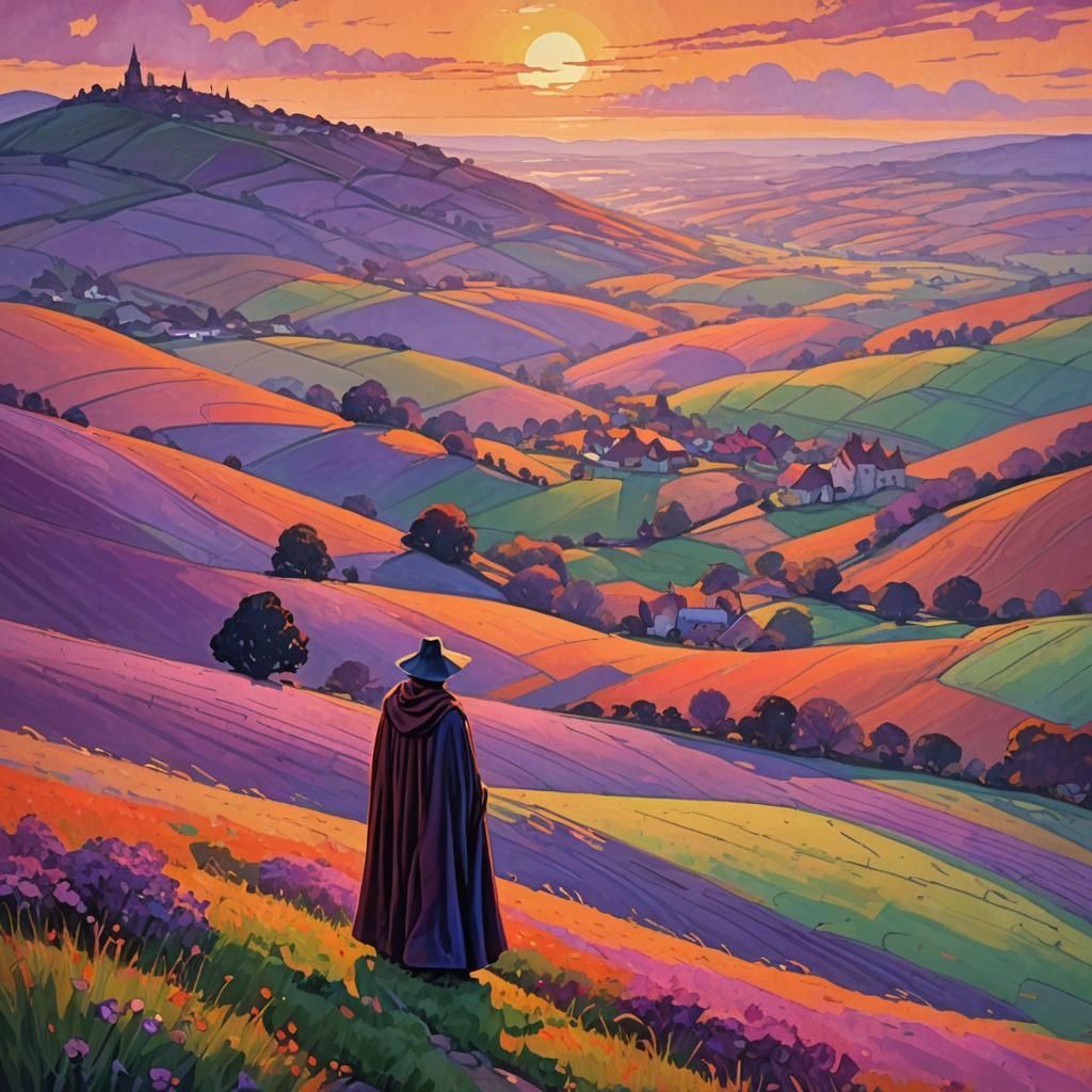 Regal Figure Gazing at Sunset in Neo-Impressionism