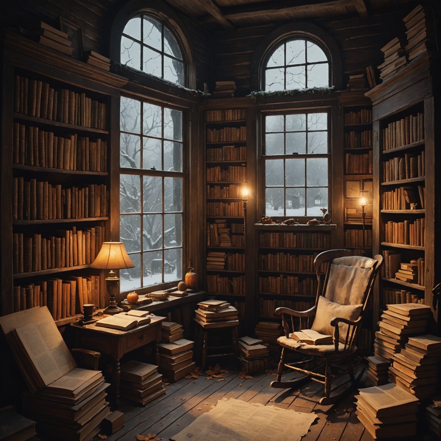 Cozy Attic Library with Books and Snowfall