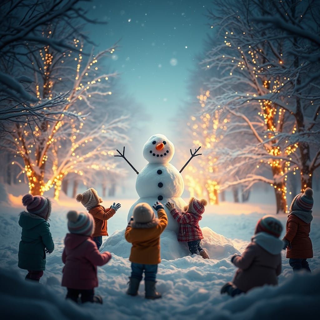 Magical Winter Wonderland Scene with Children Building a Sno...