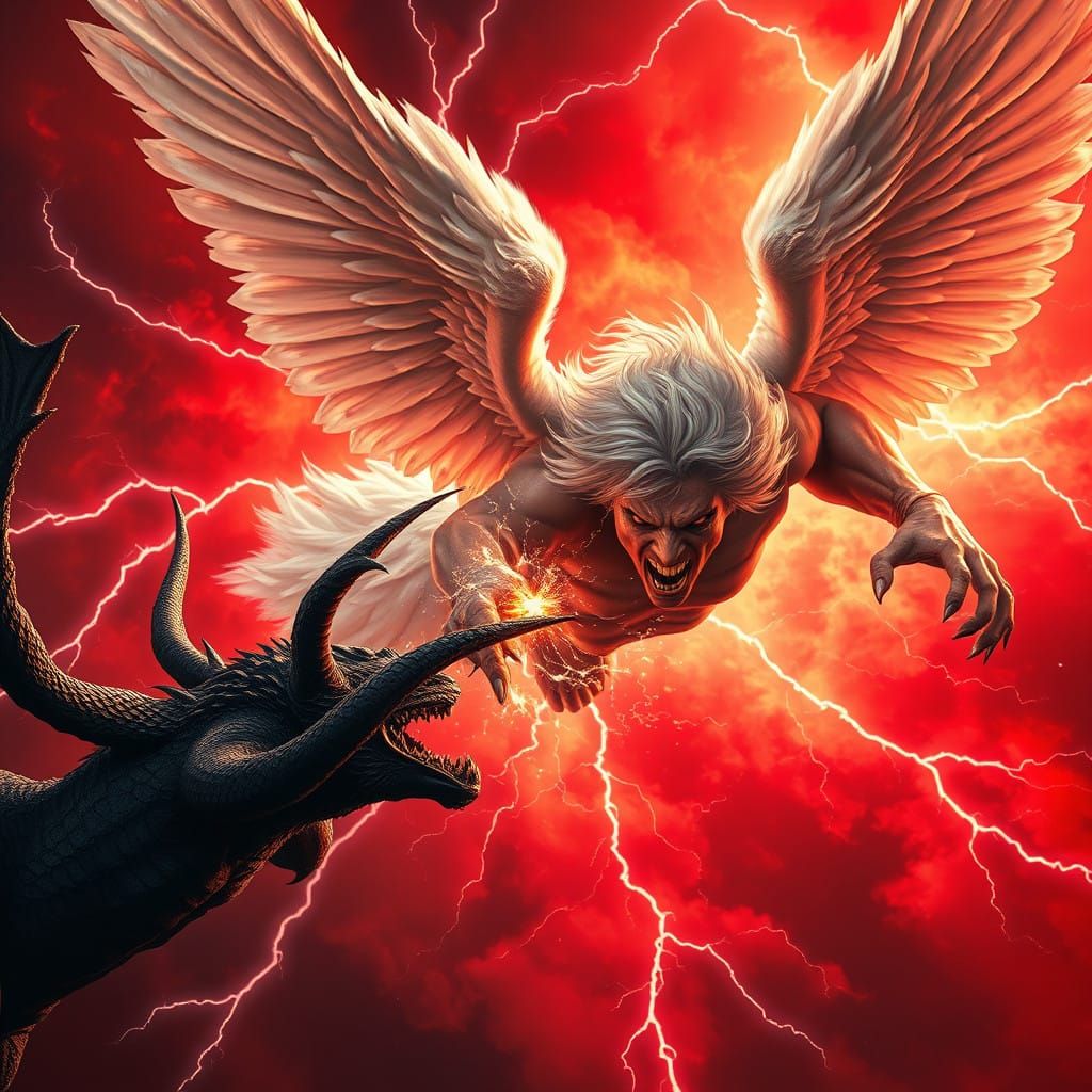 Ethereal Battle of Light and Darkness in a Fiery Red Sky