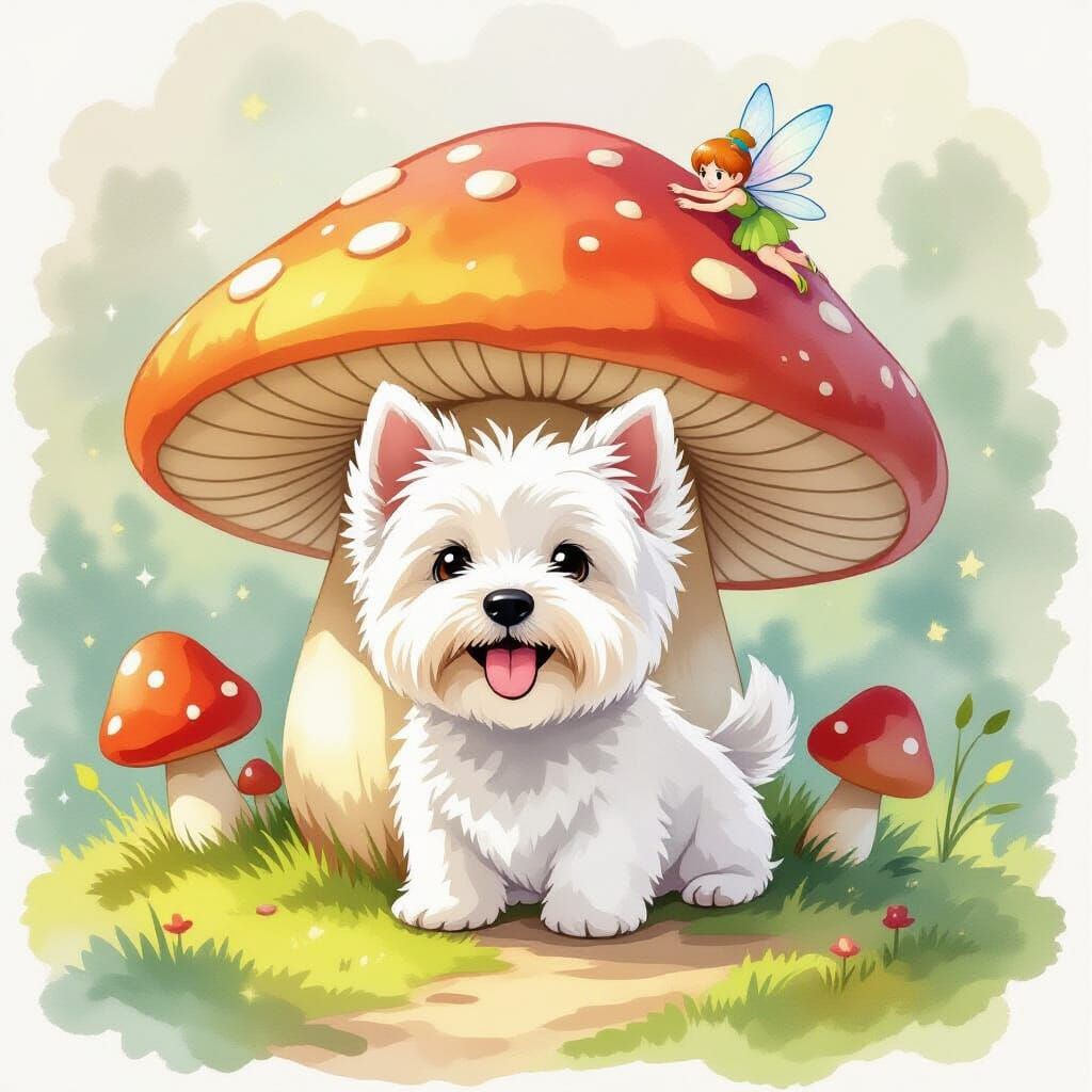 Westie Dog and Fairy Under Mushroom in Watercolor Style