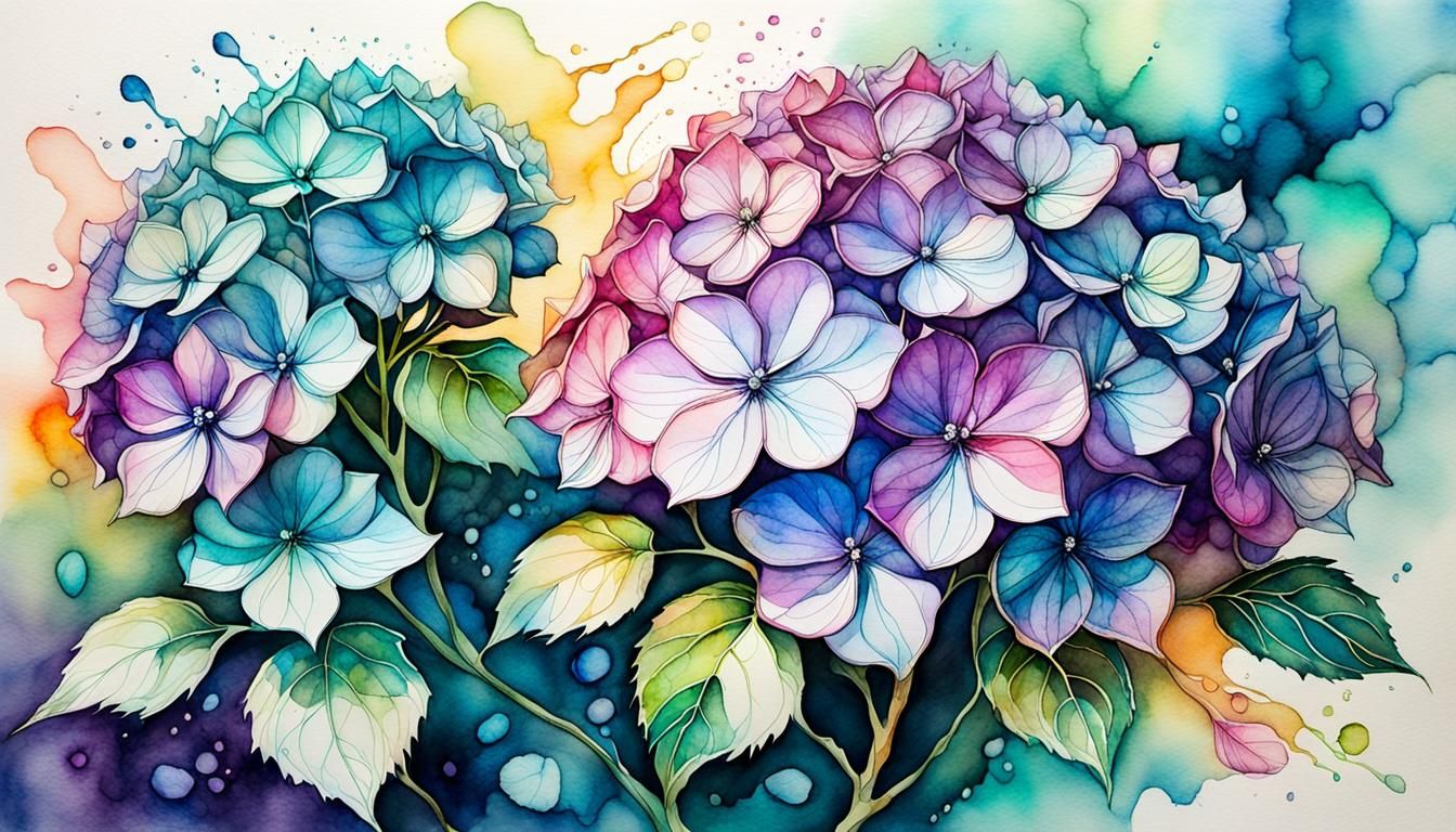 Luminous Hydrangea with Watercolor and Ink Splashes
