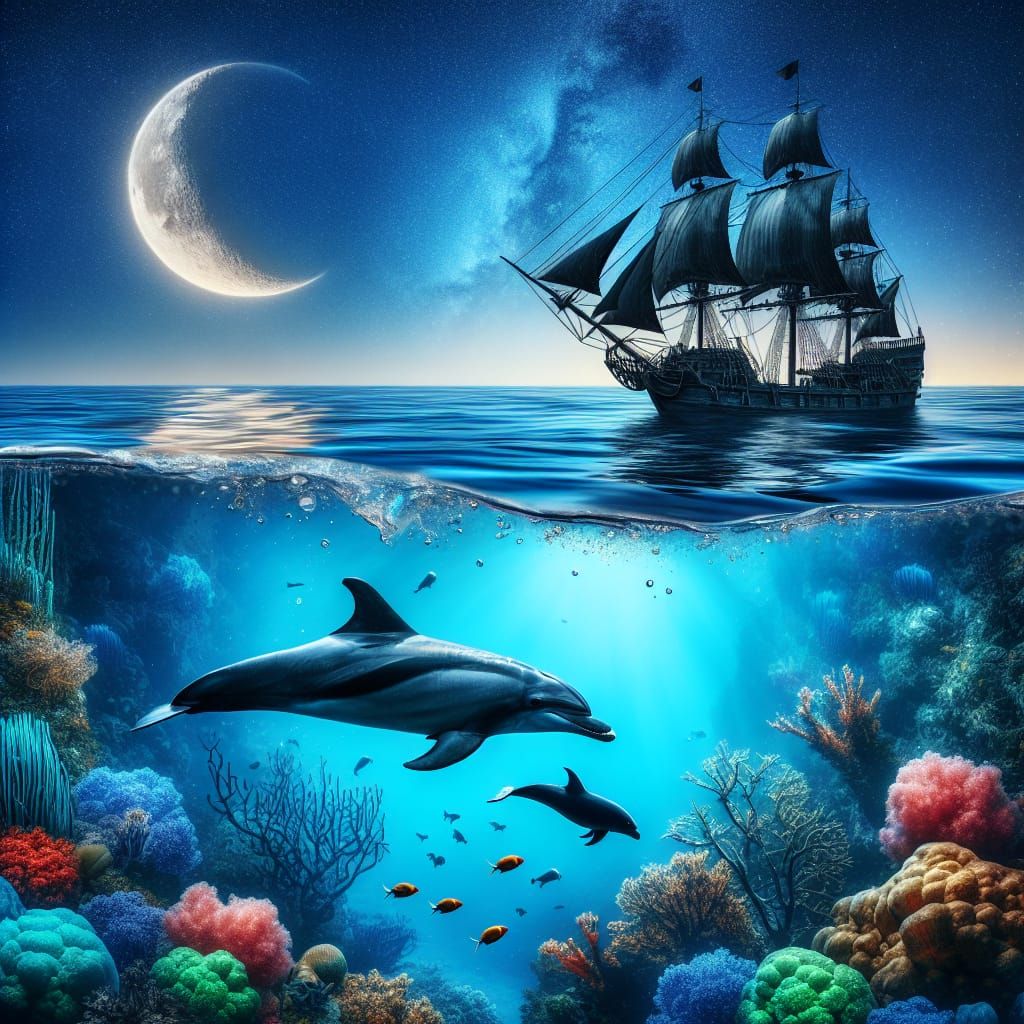 Pirate Ship and Dolphin Under Moonlight