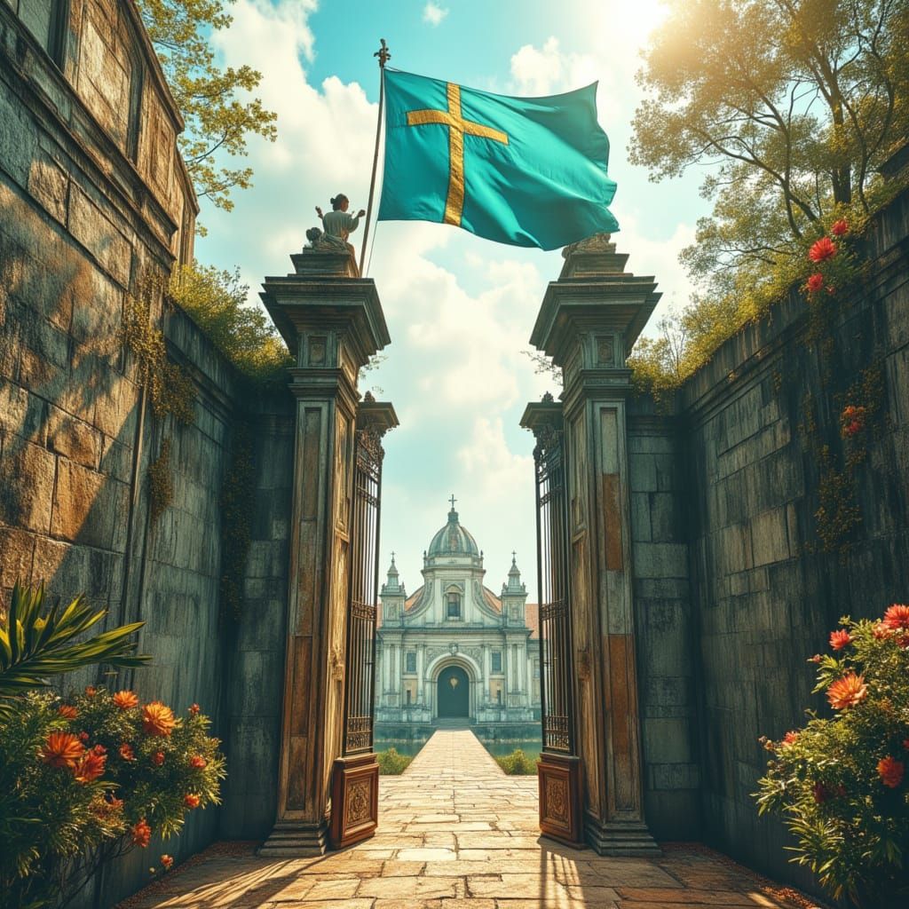 Romanesque City Fortress on Tropical Island, Renaissance Sty...