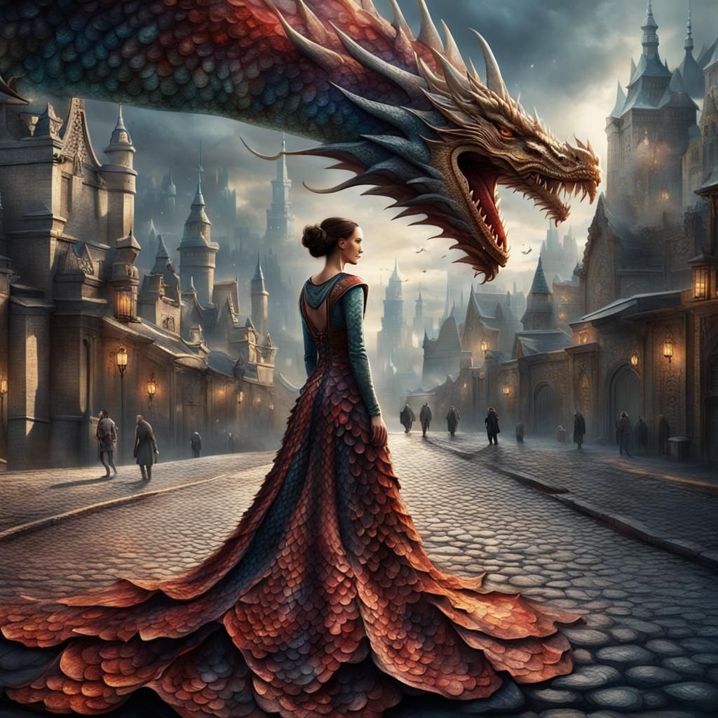 Dragon Scale Dress in Urban Fantasy Collage Art