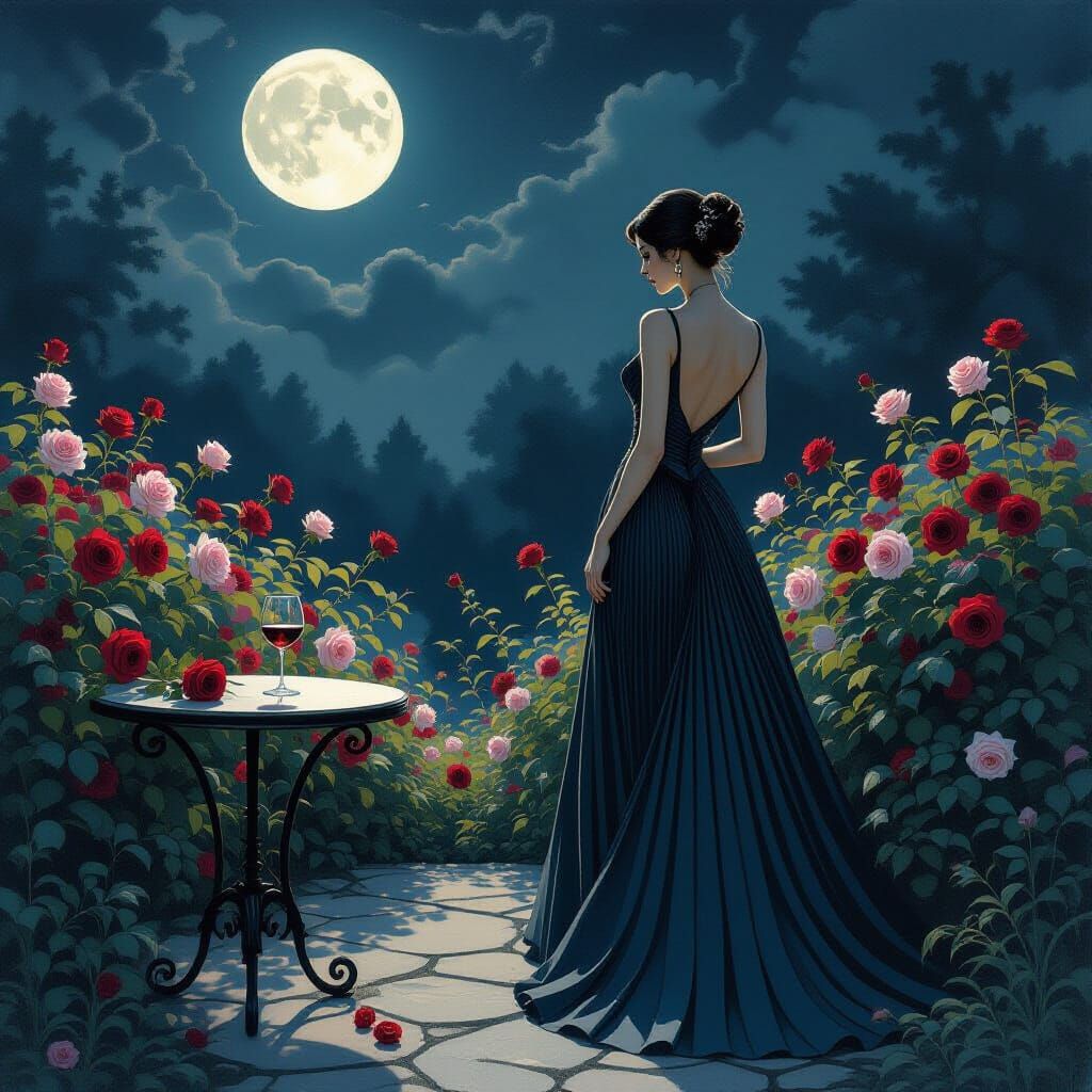 Moonlit Garden: Woman in Pleated Dress