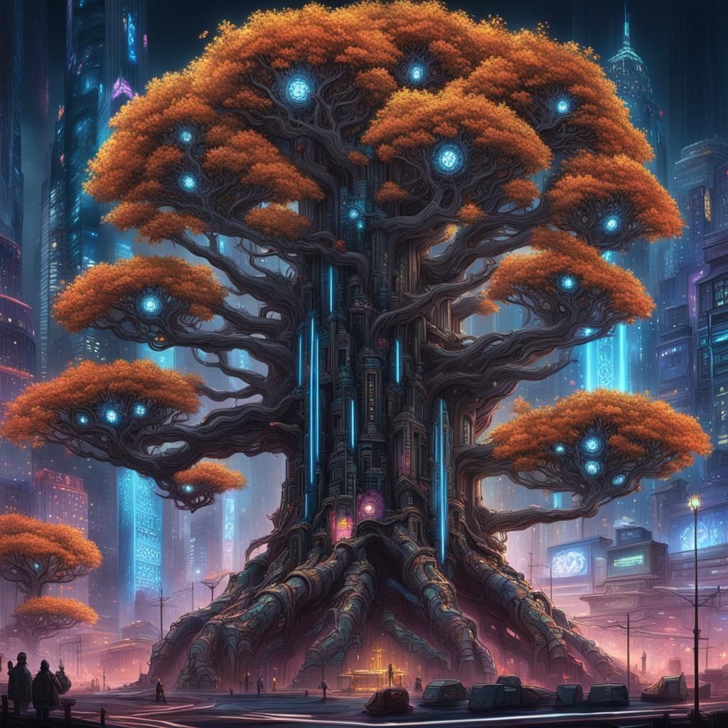 Cyberpunk Tree Over Futuristic Cityscape