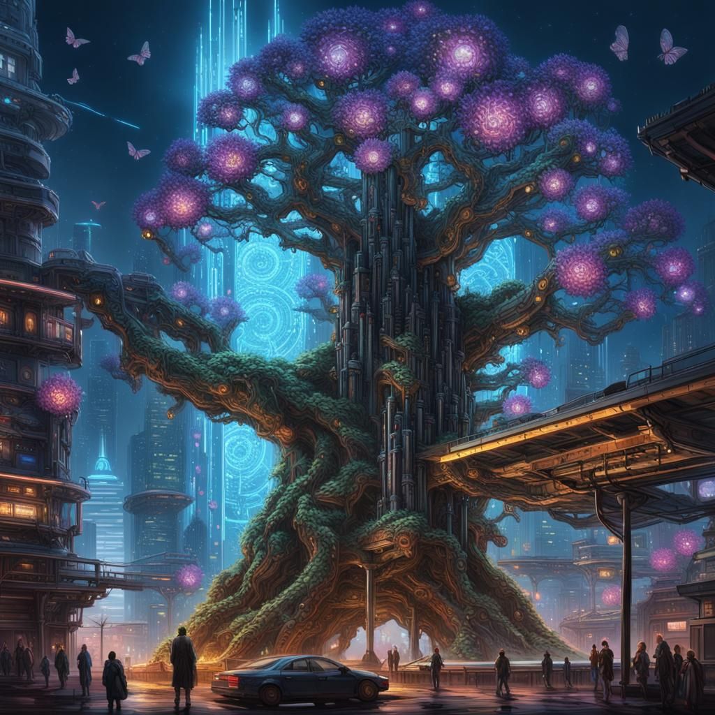 Cyberpunk Tree Dominates Futuristic Cityscape