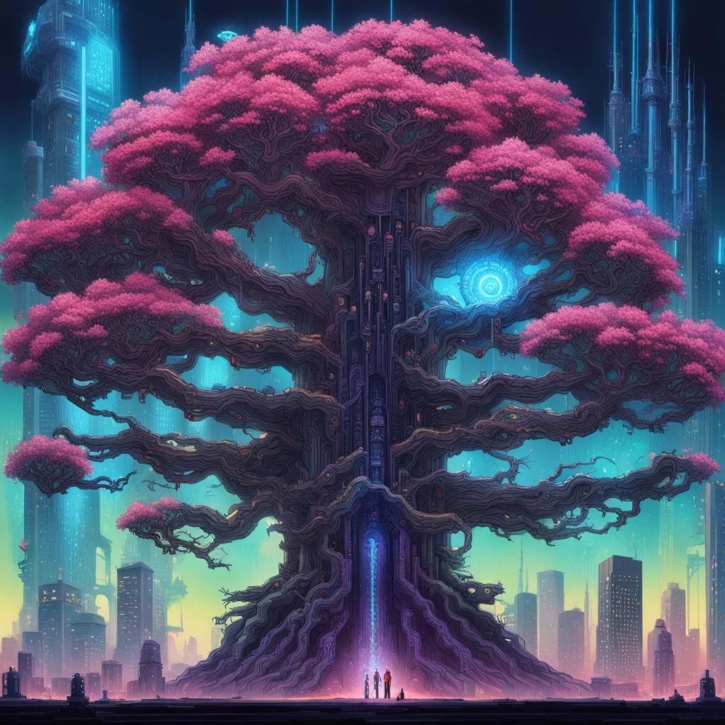Cyberpunk Tree Dominates Futuristic Cityscape