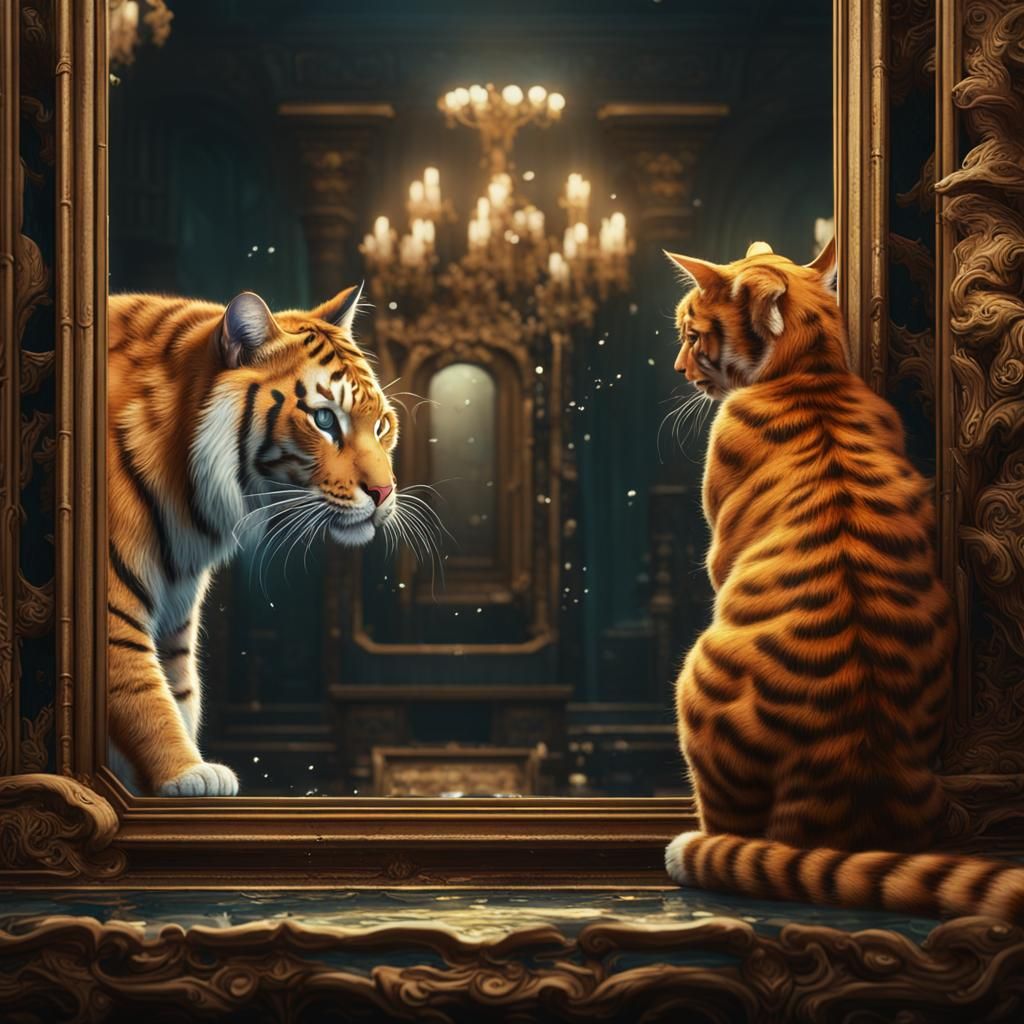 Ginger Cat Sees Tiger Reflection: Fantasy Art