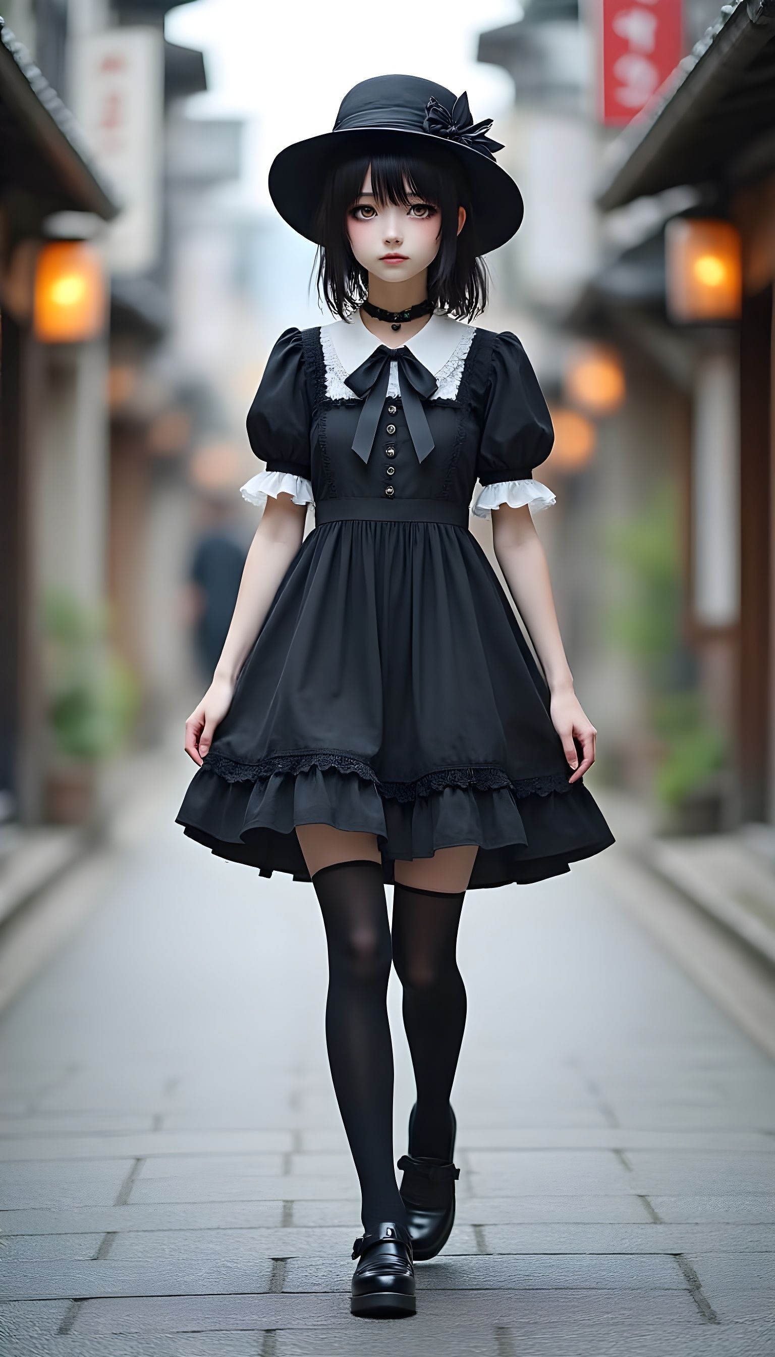 Japanese Girl in Gothic Dress Walking Peacefully