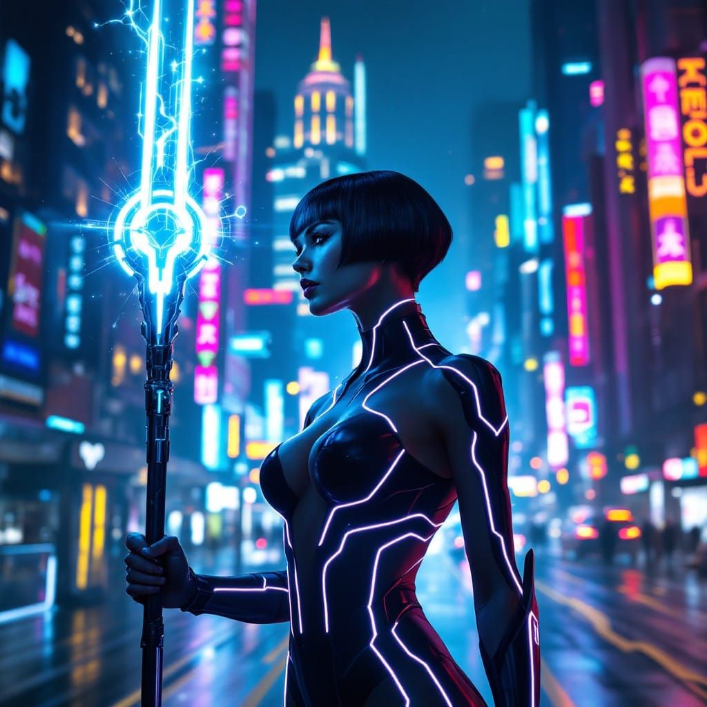 Futuristic Warrior in Neon-Lit Tron City